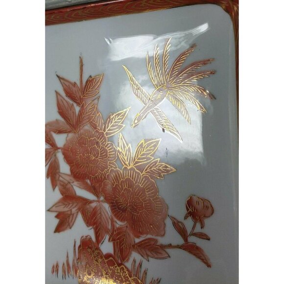 Hand Painted Red Gold Gilt Bird Floral Home Decor Porcelain Square Serving Plate - Picture 5 of 12